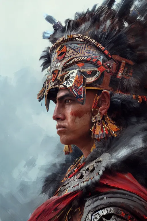 Image similar to aztec warrior, close - up portrait, fierce, intricate, elegant, volumetric lighting, scenery, digital painting, highly detailed, artstation, sharp focus, illustration, concept art, ruan jia, steve mccurry