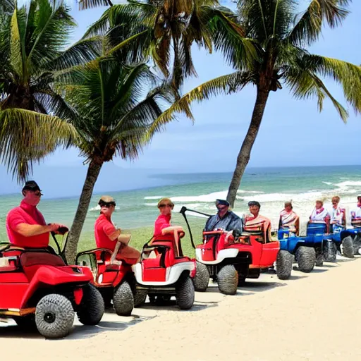 Prompt: wide shot of a parade of 1 0 golf carts driving down shoreline of sandy beach next to the water. no grass. no trees