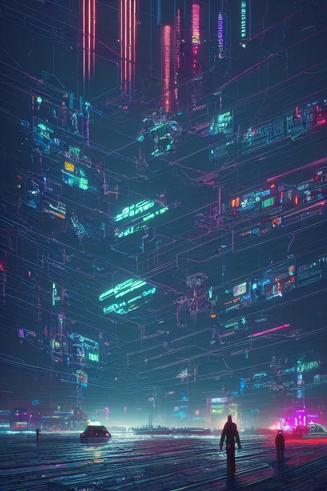 Prompt: cyberpunk mechatower made out of billions of stacked computer screens by simon stalenhag and dan mumford, omnipresent ai god, the matrix, mass effect fantasy, cinematic lighting