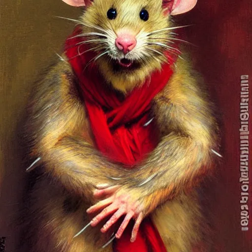 Image similar to a portrait of a furry rat splinter wearing a red kimono, hairy, furry body, furry arms, feet, tail. highly detailed painting by gaston bussiere, craig mullins, j. c. leyendecker, furry