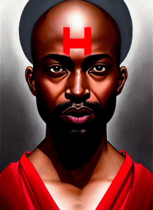 Image similar to symmetry!! portrait of a dark skinned, bald, terrence boyd as a jesus christ in a red kimono with an halo, face close - up, intricate, elegant, highly detailed, digital painting, artstation, concept art, smooth, sharp focus, illustration, art by artgerm and greg rutkowski and alphonse mucha