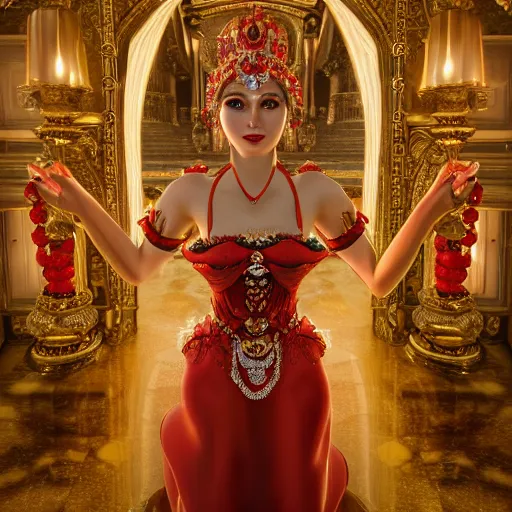 Prompt: photograph of wonderful princess with smooth fair skin, alluring eyes, smiling, red jewelry, breathtaking, elegant, ornate, intricate, hyper detailed, accent lighting, dramatic light, 4 k octane render