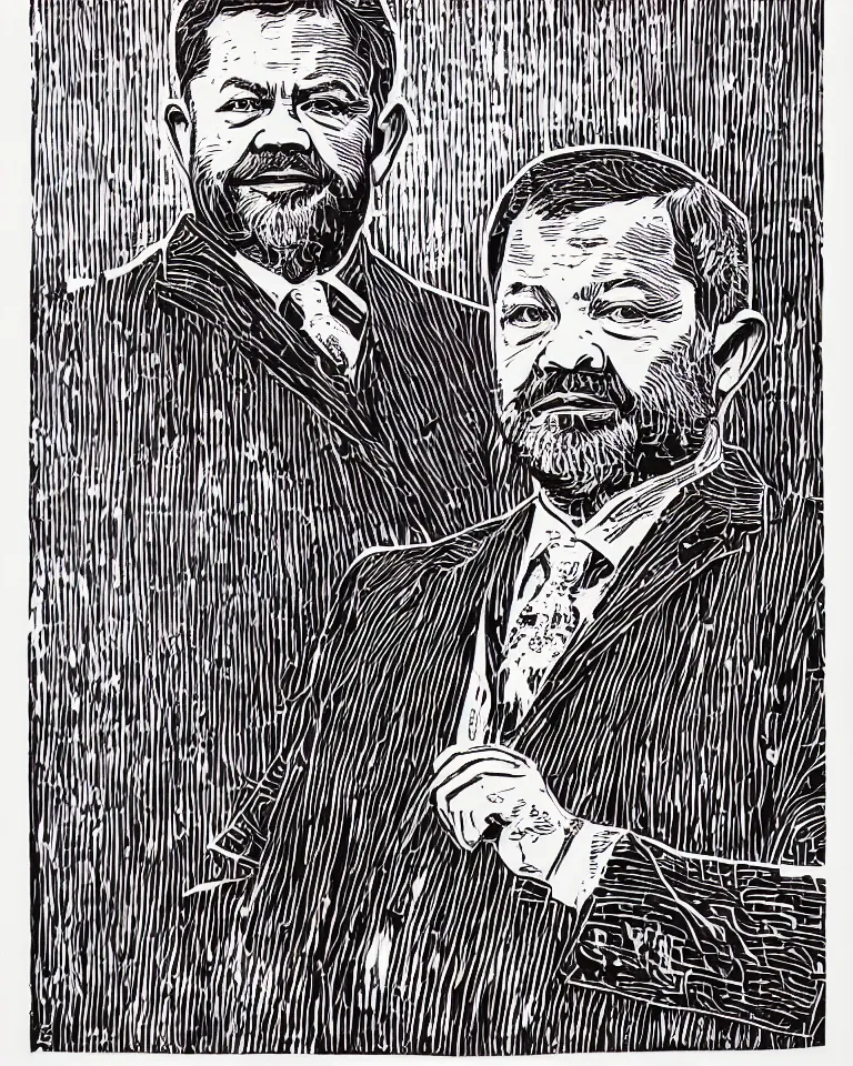 Prompt: a lifelike linocut engraving of a singular president lula. red, black and white color scheme