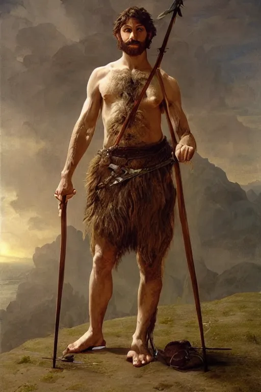 Image similar to renaissance painting full body portrait of a gruff ranger with a spear, lean and toned, handsome face, hairy chest and hairy body, D&D, intricate, elegant, highly detailed, digital painting, artstation, concept art, matte, sharp focus, chiaroscuro, well list, illustration, art by Artgerm and Greg Rutkowski and Alphonse Mucha