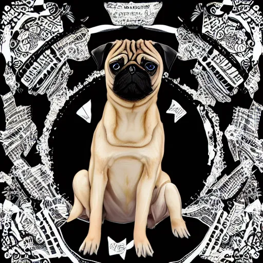 Image similar to pug dog with an emo haircut on a record cover, intricate detail, high contrast, studio photo, well lit,