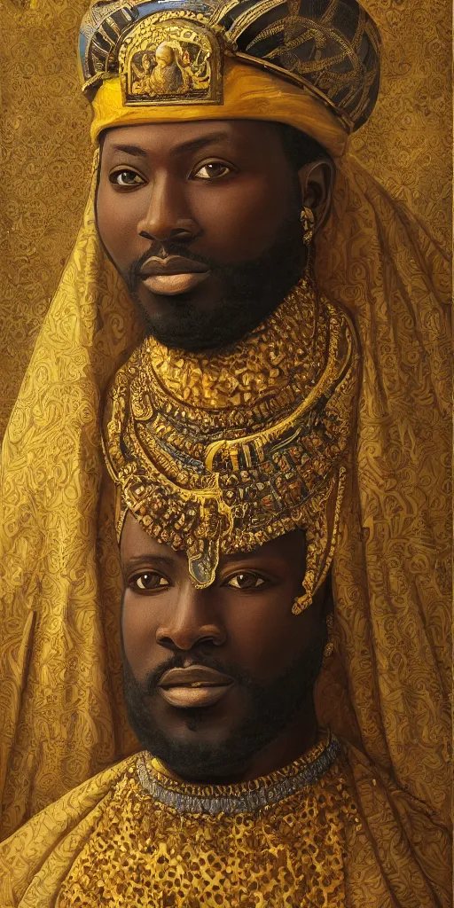 Image similar to a stunning and noble highly detailed romantic period style portrait of Mansa Musa by Josep Tapiró Baró, trending on artstation, oil painting masterpiece, symmetry, fractals, African iconography