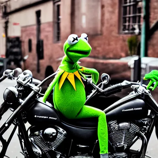 Image similar to Kermit the frog riding a Harley Davidson motorcycle in a leather jacket in a motorcycle gang 4k photo