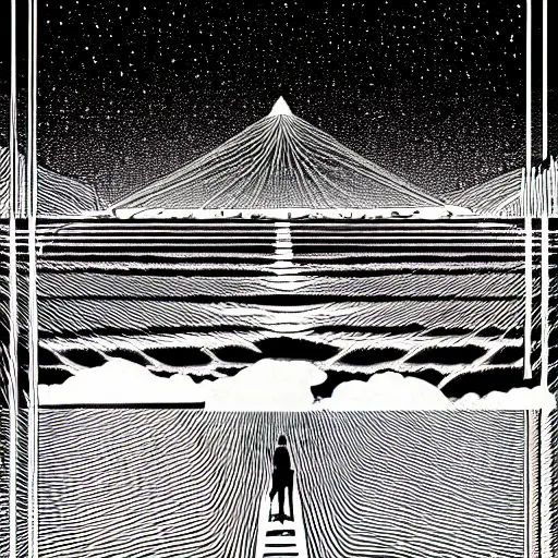 Image similar to by apollonia saintclair, by carsten meyerdierks depressing, tranquil mayan. a illustration of a group of flying islands, each with its own unique landscape, floating in the night sky. the islands are connected by a network of bridges. a small group of people can be seen walking along one of the bridges.