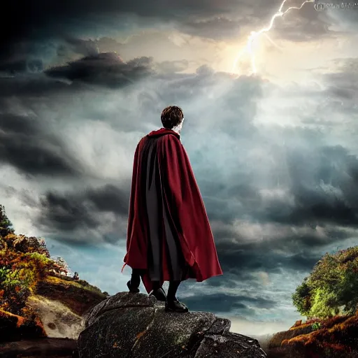 Image similar to Harry potter upright and levitating, back view, thunderclouds, cinematic shot, epic scale, waving robe, wand, photorealistic detail and quality, extremely intricate stone quality, movie still, nighttime, crescent moon, sharp and clear, action shot, intense scene, visually coherent, symmetry, rule of thirds, movement, vivid colors, cool colors transitioning to warm colors, award winning, directed by Steven Spielberg, Christopher Nolan, Tooth Wu, Asher Duran, Greg Rutkowski