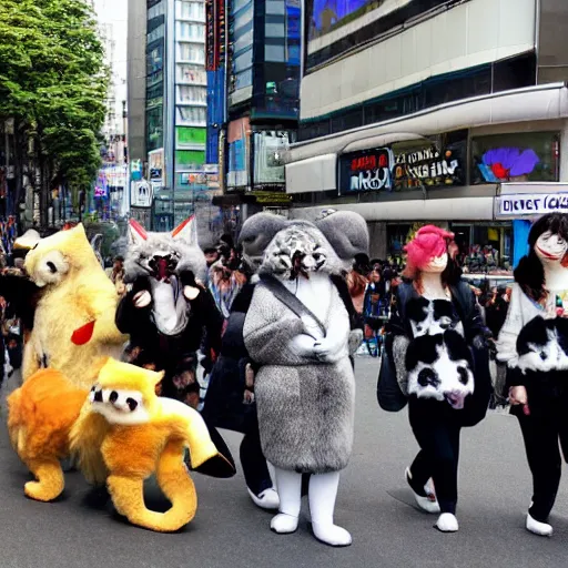 Image similar to furry critters on parade in shibuya by dali