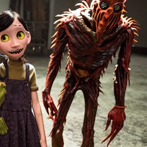 Image similar to a still of from the movie coraline crossover with the movie predator