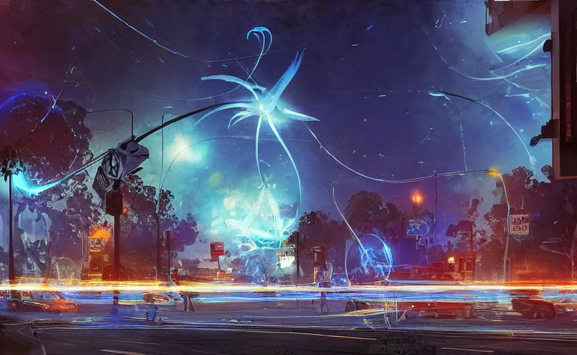 Image similar to people with posters attacking cops, a huge blue spiral - shaped white luminous attractor is floating on the horizon near the sun, stores in los angeles with light screens all over the street, concept art, art for the game, professional lighting, dark night lighting from streetlights, by ilya repin