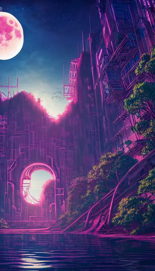 Image similar to reclaimed by nature by moon hoon, darkacademia atlantis cosmic san andreas at dawn neon signs tokyo synthwave universe, archdaily, wallpaper, highly detailed, trending on artstation.