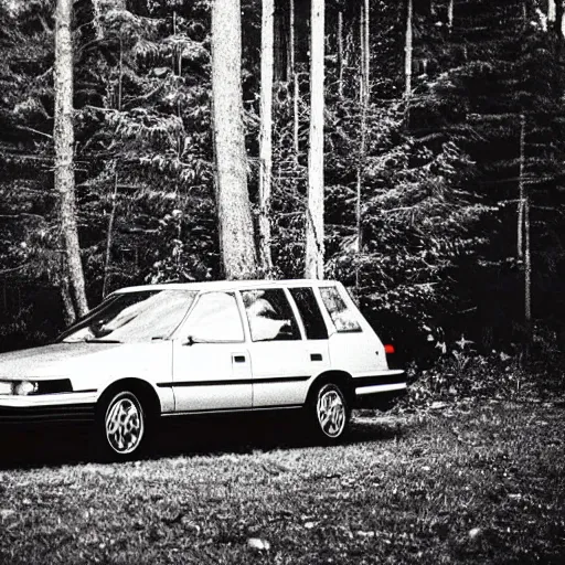 Prompt: 1 9 9 0 s car at night, camera shot, forest in the background, ghost peeks from the trees, creepy