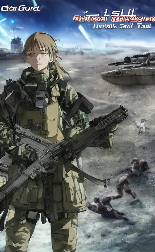 Prompt: girl, trading card front, future soldier clothing, future combat gear, realistic anatomy, war photo, professional, by ufotable anime studio, green screen, volumetric lights, stunning, military camp in the background, metal hard surfaces, generate realistic face, brown eyes, strafing attack plane