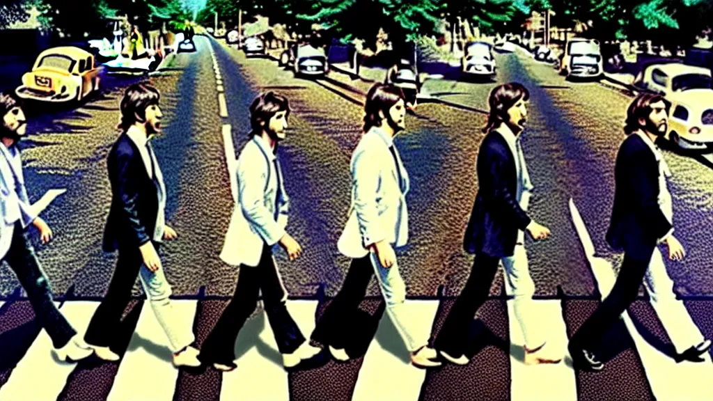 Prompt: The Beatles made out of Honey!! on abbey road, film still from the movie directed by Denis Villeneuve