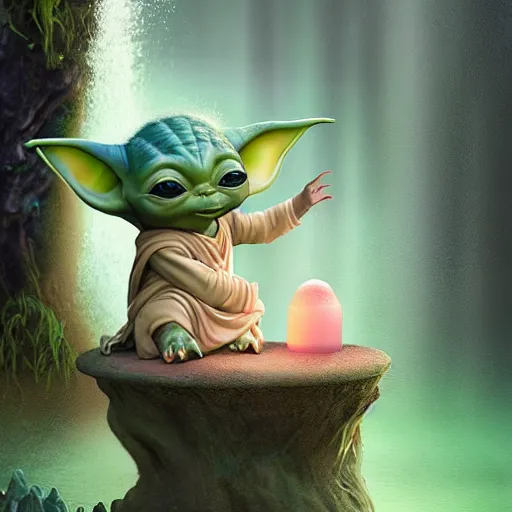 Image similar to tom bagshaw, beautiful kawai miniature baby yoda meditating, mythical shrine, soft painting render curiosities carnival pond river vegetation rocks bugs wildlife mushrooms covered moss bioluminescent wisps, beautiful stunning waterfall, accurate features, focus, very intricate ultrafine details, random volumetric lighting, fog, award winning masterpiece, octane render 8 k hd, artstation