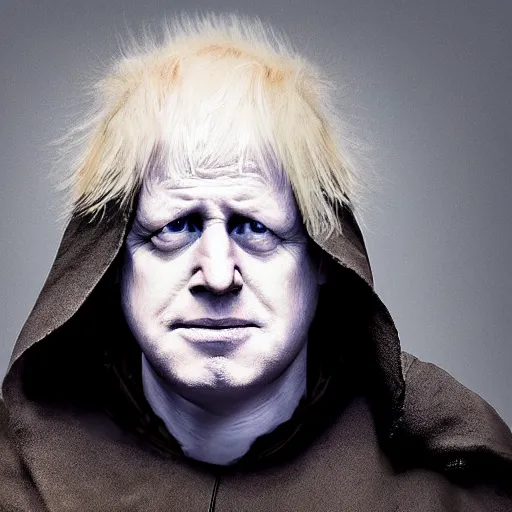 Prompt: A photo of ((Boris Johnson)) as Emperor Palpatine, hooded, ashy, cinematic lighting