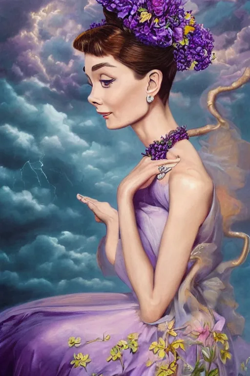 Prompt: closeup portrait fine art photo of the beauty audrey hepburn, perfect eyes, she has a crown of stunning flowers and dress of purple and gold satin and gemstones, background full of stormy clouds, by peter mohrbacher