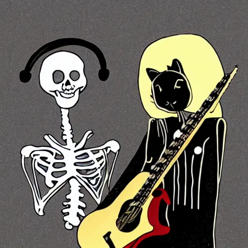 Image similar to skeleton wearing headphones watching girl playing guitar with her black cat standing next to her, digital art