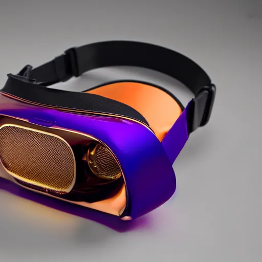 Image similar to award winning product photography, 3 5 mm lens, of a glossy orange metallic and shiny purple metallic shiny ergonomic virtual reality headset as off a 1 9 3 6 bugatti type 5 7, studio lighting,