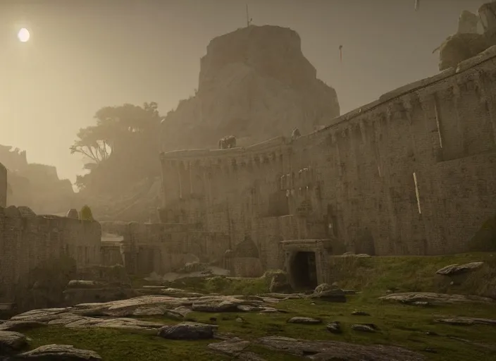 Image similar to a land ruins with a fort in the middle, golden pillars, water tunnels below and a time gate to another dimension, a wounded man wearing a white robe standing watching over, dramatic lighting, dawn, by caspar david friedrich, unreal engine 5