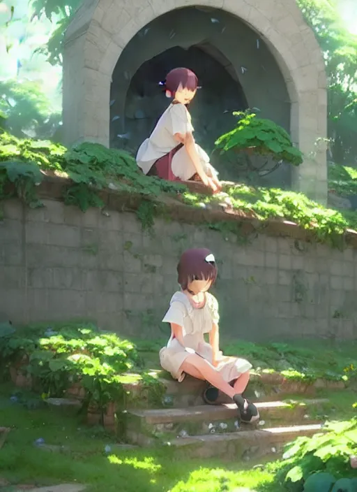 Image similar to girl sitting on a stair where there is an arched shed above, many green plant and flower gowing on it, illustration concept art anime key visual trending pixiv fanbox by wlop and greg rutkowski and makoto shinkai and studio ghibli