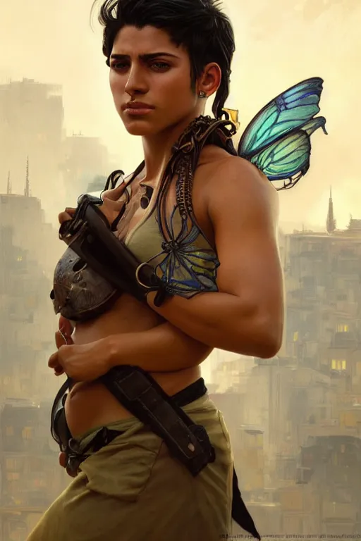 Image similar to photorealistic portrait of a young butch solarpunk cuban woman, handsome, female, masculine, upper body, fantasy, fierce, sharp features, intricate, elegant, highly detailed, digital painting, artstation, concept art, matte, sharp focus, illustration, art by artgerm and greg rutkowski and alphonse mucha