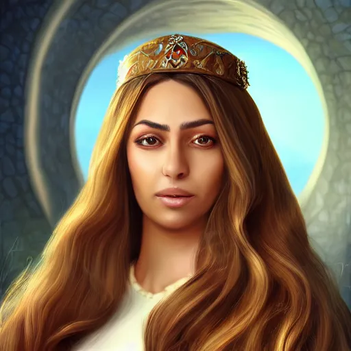 Image similar to portait princess latifa raafat, centred, very long hair, hd, unreal engine, art digital painting, amazing background theme