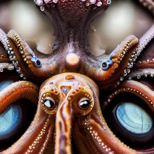 Image similar to a close up of an octopus with human eyes, a macro photograph by craola, flickr contest winner, mingei, lovecraftian, grotesque, macro photography