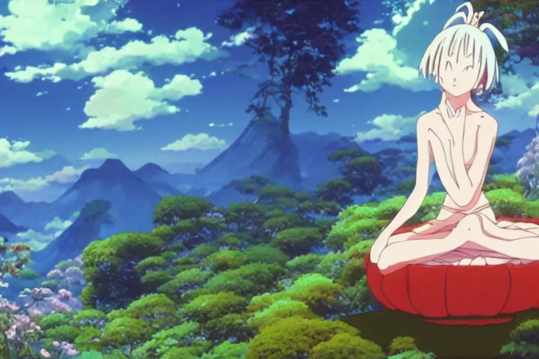 Image similar to painting of a dreamscape, a smiling bodhisattva in the foreground, otherworldly and ethereal by kazuo oga in the anime film by studio ghibli, screenshot from the anime film by makoto shinkai