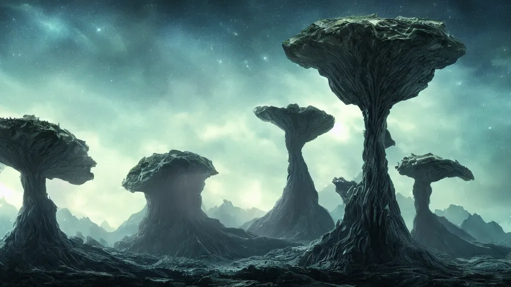 Prompt: an alien landscape view, alien sky, star in the sky, alien waterfall, weird alien trees, alien mountains, epic composition, 4 k, detailed, realistic