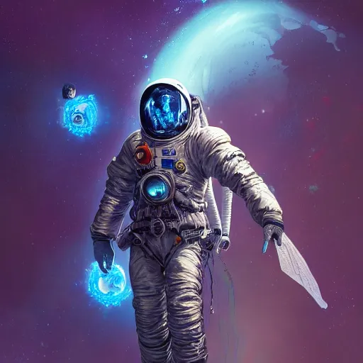 Image similar to technomancer astronaut with an epic cosmic background in the style of erak note, eddie mendoza, christophe young, craig mullins, evan lee, silvain sarrailh, dao trong le, kan liu, character design, trending on artstation, extremely detailed