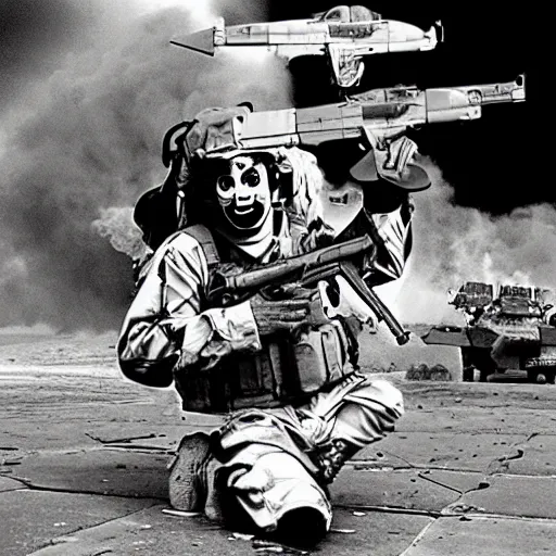 Prompt: invasion of Iraq by clowns historical image circa 2003, photo, still, photorealistic