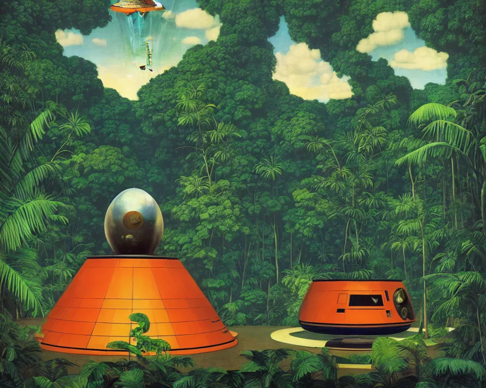 Image similar to an achingly beautiful print of an Apollo command module in the middle of a tropical rainforest by Raphael, Hopper, and Rene Magritte. detailed, romantic, enchanting, trending on artstation.