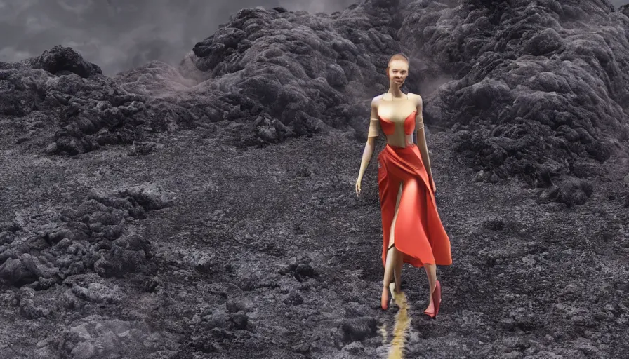 Image similar to A designer fashion Catwalk on a active volcano with lava, Fashion Photography, Octane, Redshift, High Detail