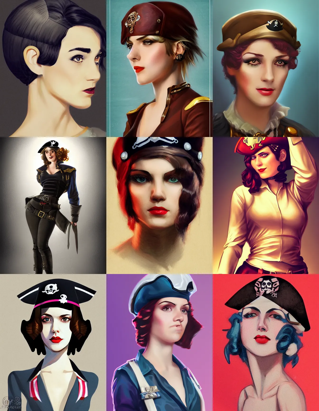 Prompt: smart female pirate captain 2 6 years old, 1 9 2 0 s haircut, fully clothed, wise, beautiful, portrait by stanley artgerm, dramatic lighting, trending on artstation, flat colour, geometric curves, gradient filter, art deco pattern, sharp focus