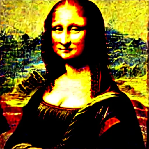 Image similar to failed restoration of mona lisa, modernized features, partly ruined painting smudges