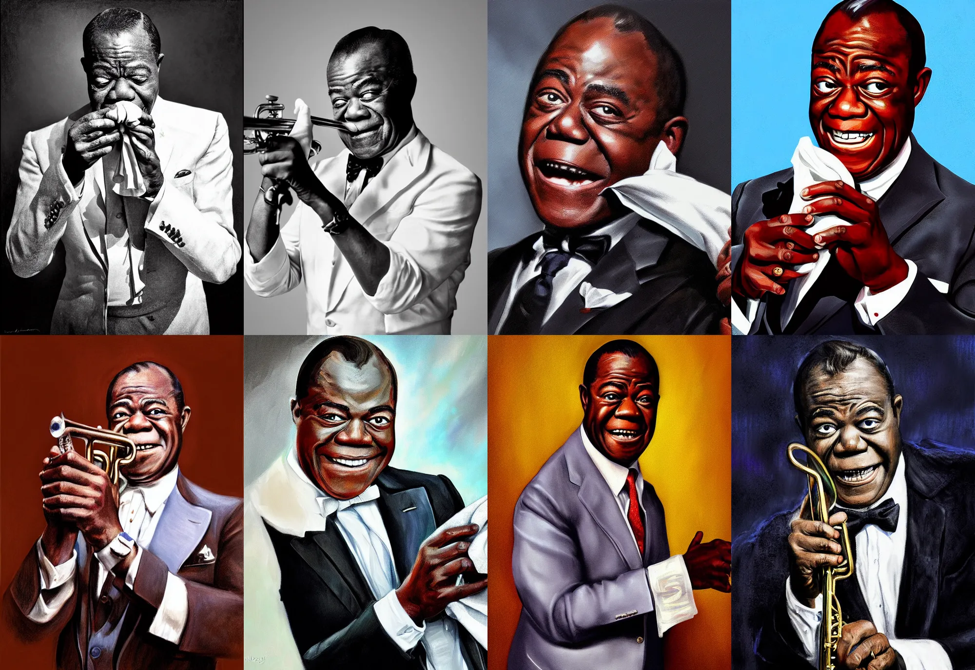 Prompt: a portrait of louis armstrong holding a white handkerchief, by neale worley, dramatic lighting, highly detailed digital painting