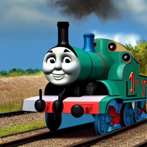 Image similar to the most smug looking Thomas the tank, rendered in redshift