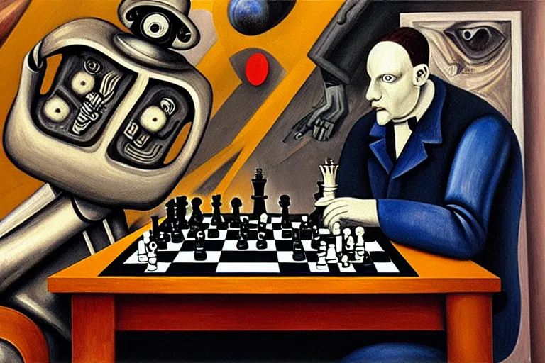 Image similar to portrait of a robot playing chess, highly detailed, painting by otto dix, 8 k