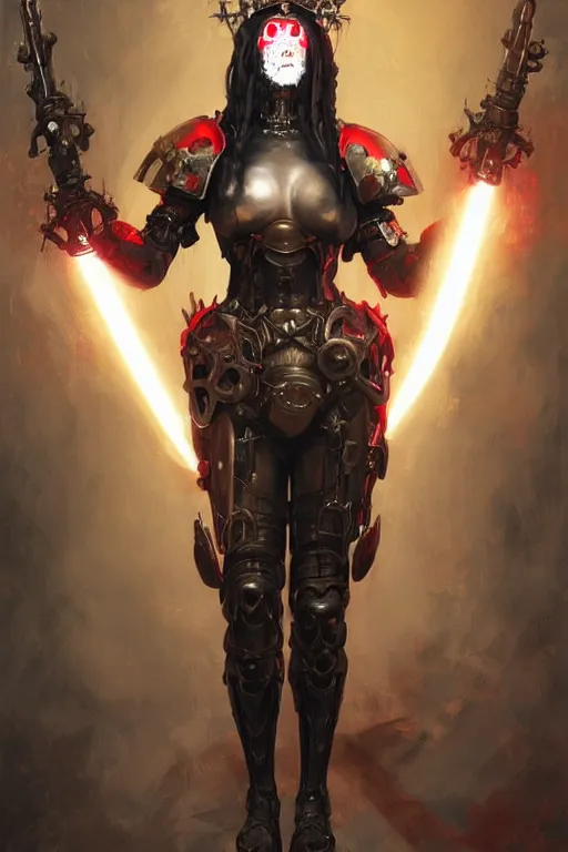 Image similar to Portrait of beautiful pale laughing cyborg goth maiden in bikini armor with crown of thorns and glowing red eyes, steampunc, Warhammer 40000, digital art from artstation by Ruan Jia and Mandy Jurgens and Artgerm and william-adolphe bouguereau