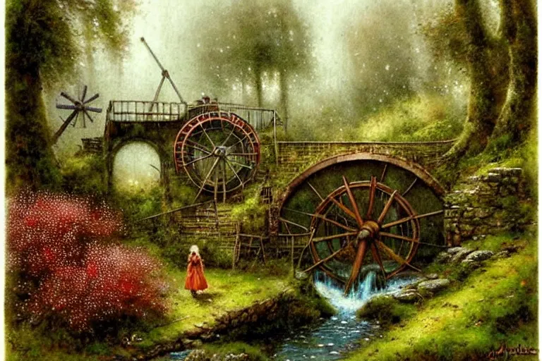 Image similar to adventurer ( ( ( ( ( 1 9 5 0 s retro future waterwheel and mill in forrest of giant mushrooms, moss and flowers stone bridge waterfall. muted colors. ) ) ) ) ) by jean baptiste monge!!!!!!!!!!!!!!!!!!!!!!!!! chrome red