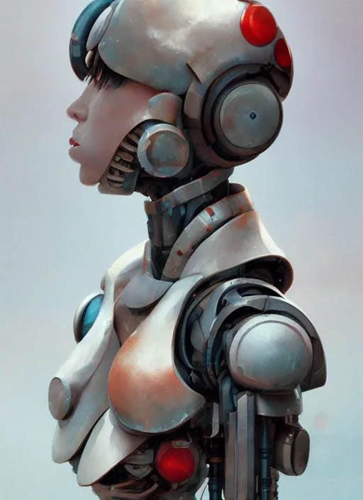 Image similar to surreal gouache painting, by yoshitaka amano, by ruan jia, by conrad roset, by good smile company, detailed anime 3d render of a female mechanical android soldier, portrait, cgsociety, artstation, modular mechanical costume and headpiece, dieselpunk atmosphere