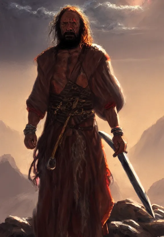 Image similar to a solitary randy savage wearing a heavy shiny cloak with an anchor slung over his shoulder alone in a rocky desolate wasteland | portrait | hd 4 k | fantasy impressionist oil painting | middle earth | pathfinder | artstation | conan | darksun | d & d dungeons and dragons | barbarian