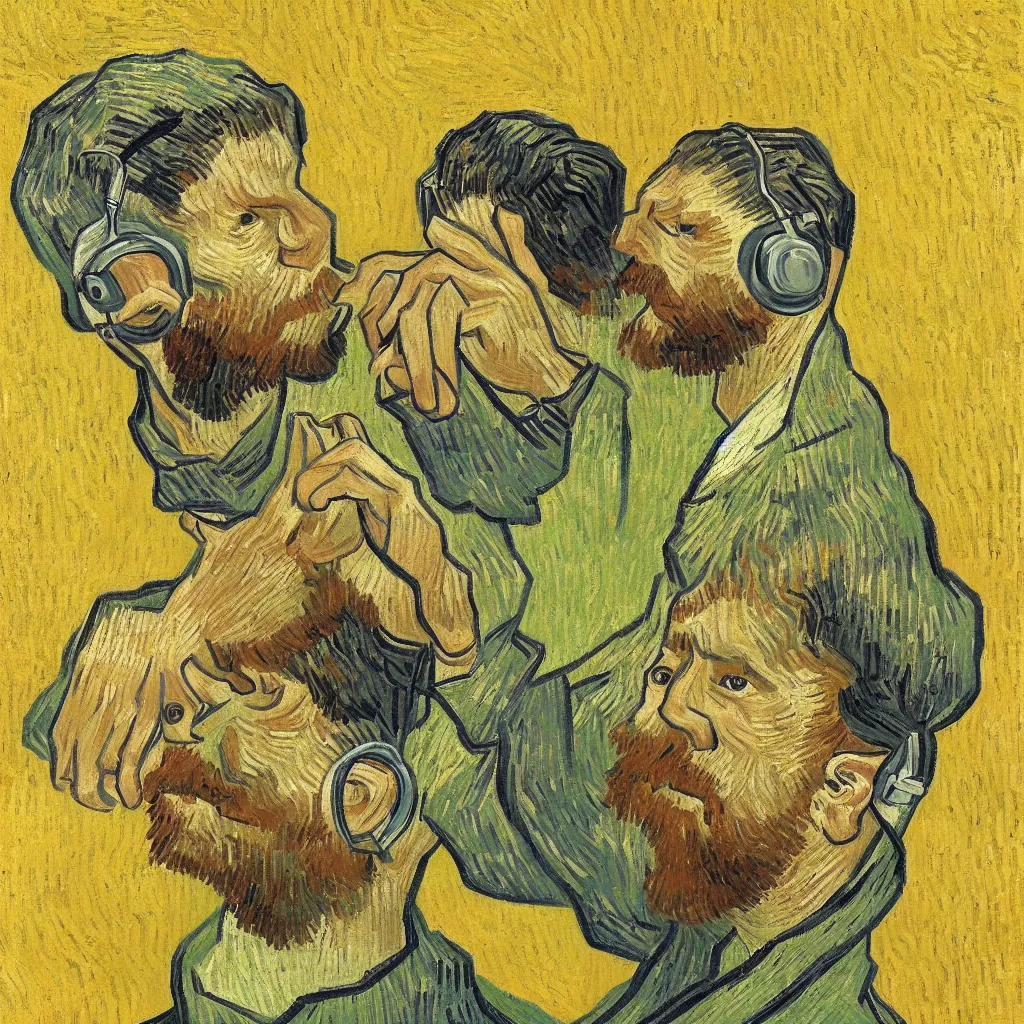 Prompt: i, a man wearing headphone and playing his iphone, by vincent van gogh