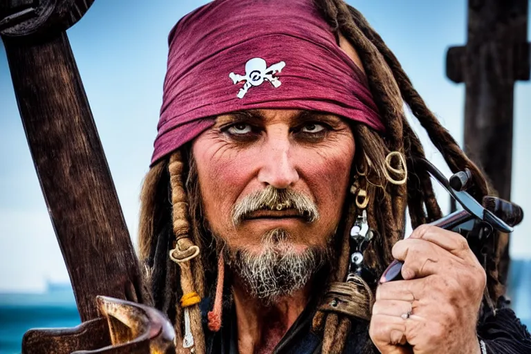 Image similar to closeup old pirate with a flintlock pistol on an old pirate ship, by emmanuel lubezki
