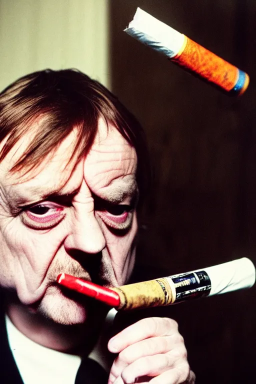 Image similar to highly detailed full colour photo of Mark E Smith, smoking a cigarette