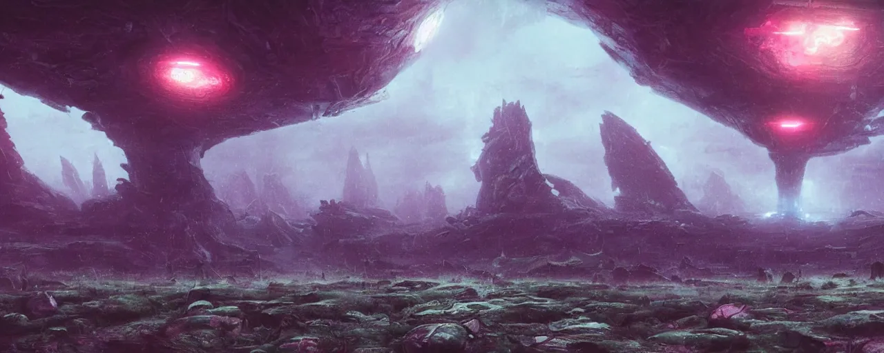 Image similar to ” atmospheric alien landscape, [ rain, cinematic, detailed, epic, widescreen, opening, establishing, mattepainting, photorealistic, realistic textures, octane render, art by slop and paul lehr ] ”