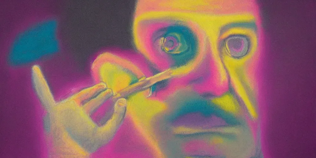 Prompt: pastel abstract painting of a man removing a nail from his third eye